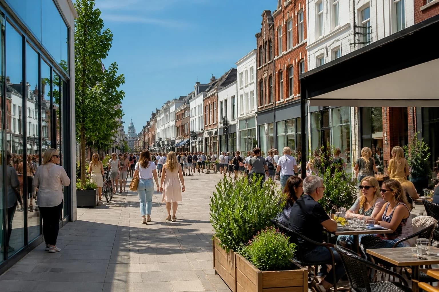 A sunny British high street with independent shops, cafés and shoppers