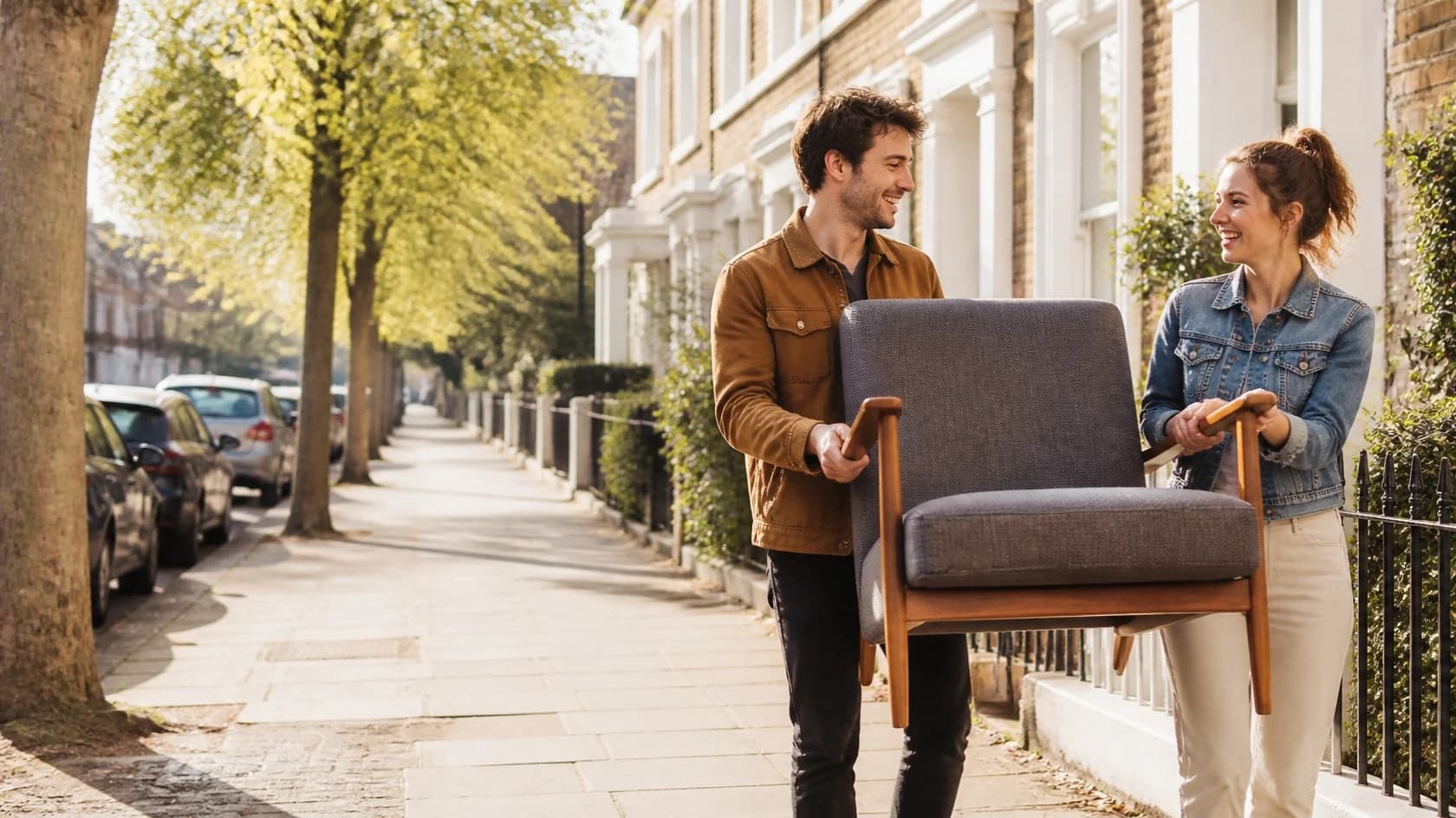 A smiling couple carrying home an armchair they just bought, along a sunny London street of terraced houses